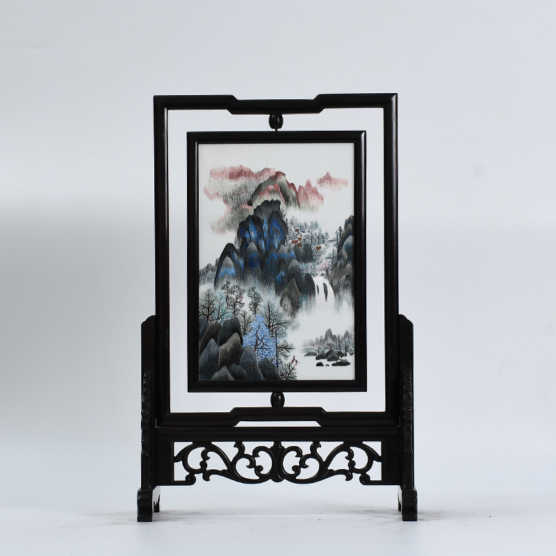 蘇繡成品花梨木精品臺屏